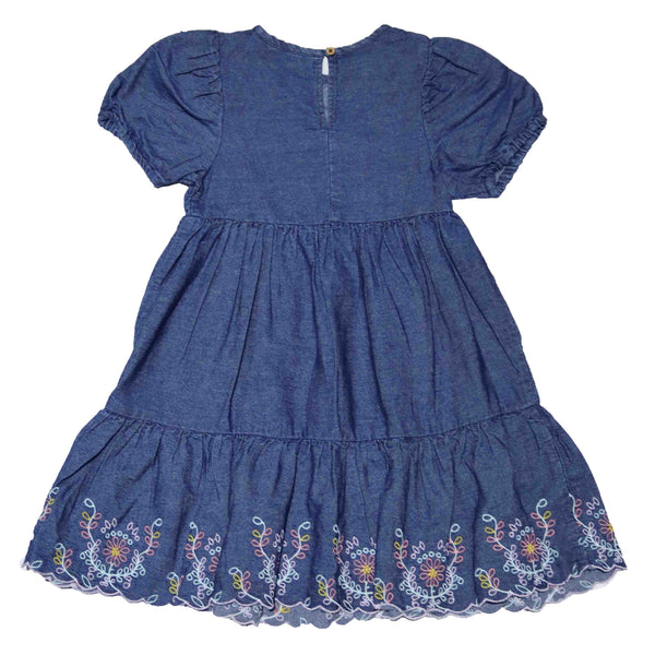 Denim Embroidered Tiered Dress With Frills Denim