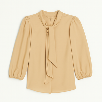 Yellow Textured Pussy Bow Blouse - 0