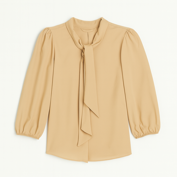 Yellow Textured Pussy Bow Blouse