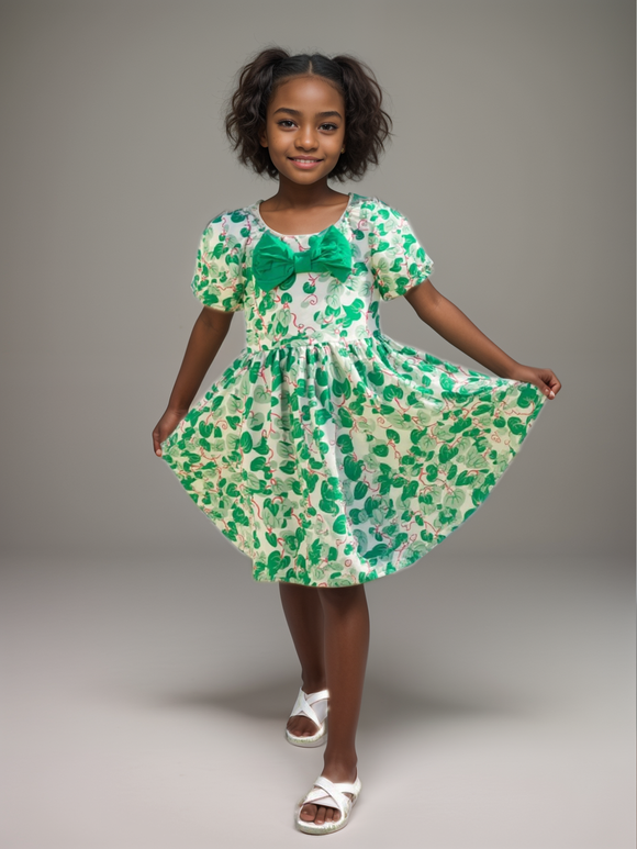 Aop Puff Sleeve With Bow Dress