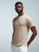 Beige Mao Collar Polo Shirt With Chest-1