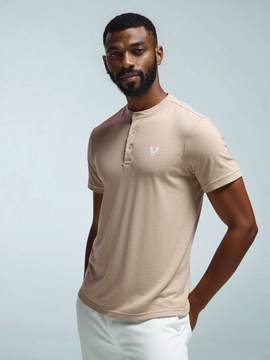 Beige Mao Collar Polo Shirt With Chest