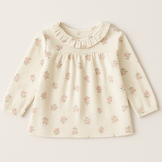 Cream Allover Print Long Sleeve Collared Blouse Cream