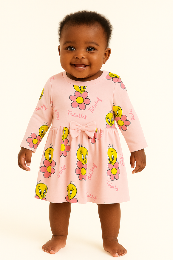 Light Pink Tweety All Over Print Long Sleeve Knit Dress Pale Pink