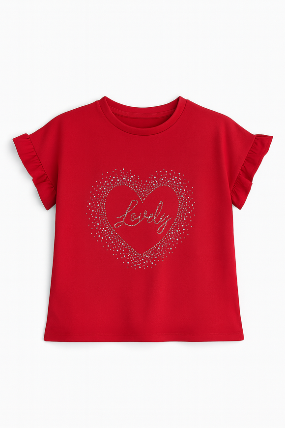 Red Embellished Ruffle Sleeve Top