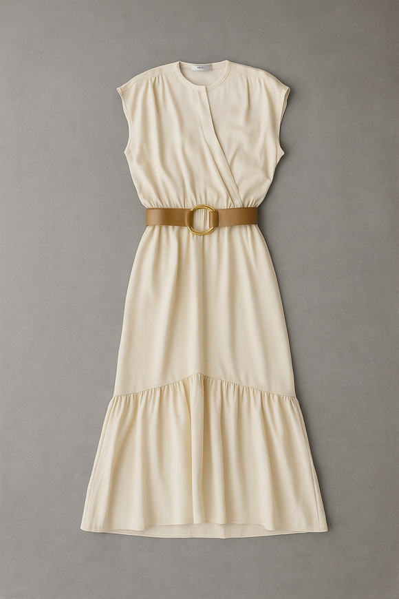 WRAP BELTED DRESS BEIGE