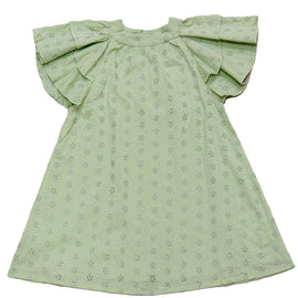 Schiffli Dress A Line Solid With Frill Sleeves Green
