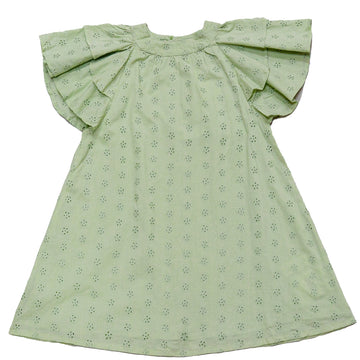 Schiffli Dress A Line Solid With Frill Sleeves Green REDTAG
