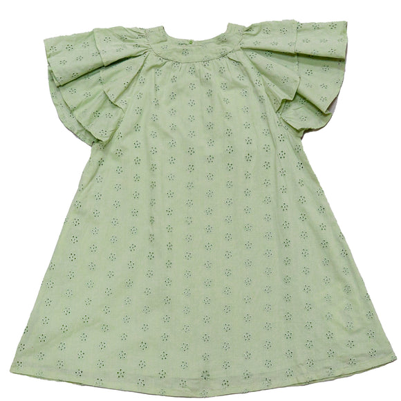 Schiffli Dress A Line Solid With Frill Sleeves Green