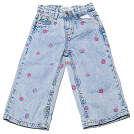 Blue Flower Embroided Wide Leg Jeans