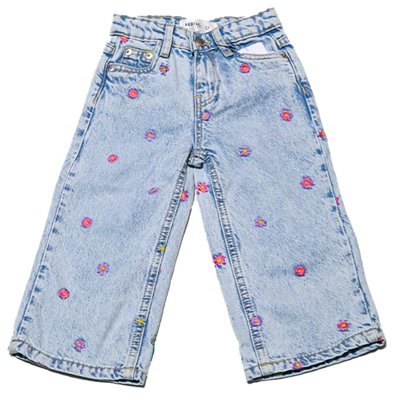 Blue Flower Embroided Wide Leg Jeans