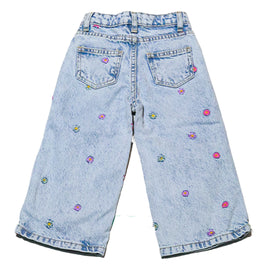 Blue Flower Embroided Wide Leg Jeans - 0