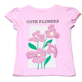 Pink S S Flowers Sequins Work T Shirt