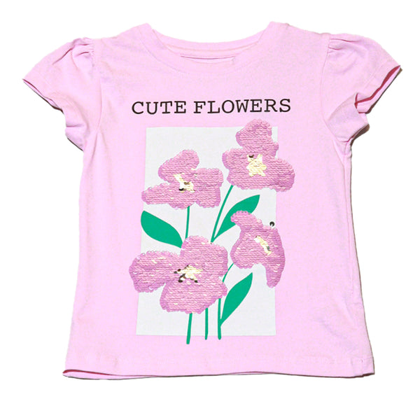 Pink S S Flowers Sequins Work T Shirt