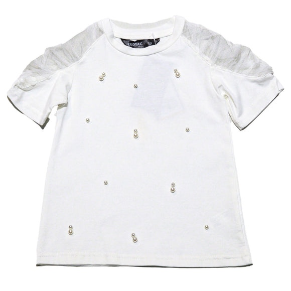 White S S T Shirt With Beads Work At Front