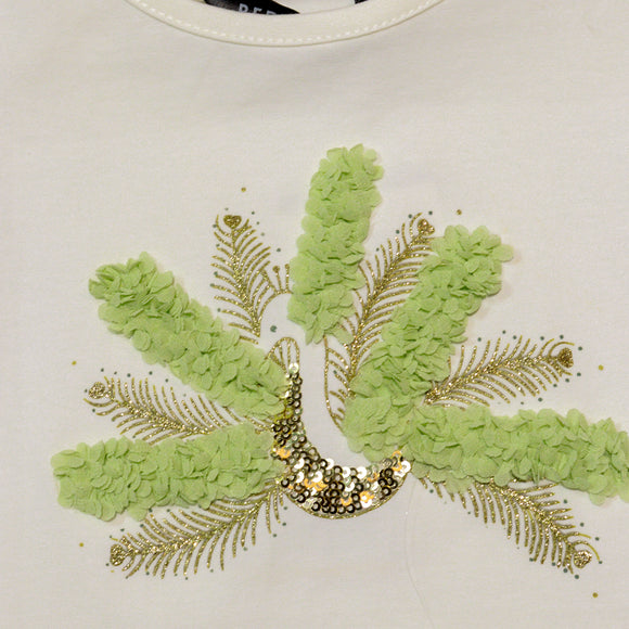 White S S T Shirt With Chiffon Work At Front