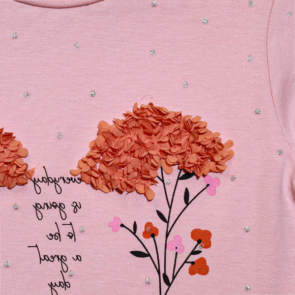 Pink Placement Pritn With Chiffon Work T Shirt