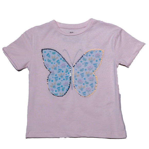 Pink Butterfly Sequins At Chest T Shirt Pale