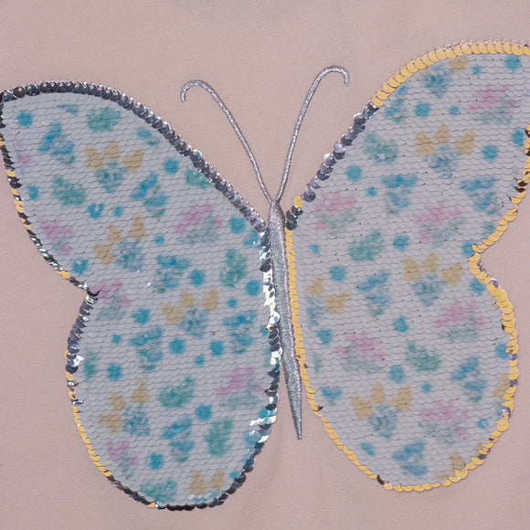 Pink Butterfly Sequins At Chest T Shirt Pale