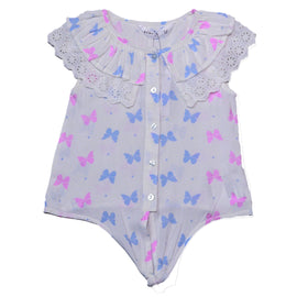 Blue Short Slv Butterfly Aop Lace Collar With Knot