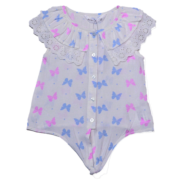 Blue Short Slv Butterfly Aop Lace Collar With Knot