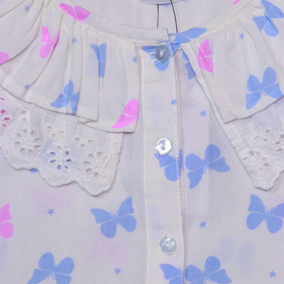 Blue Short Slv Butterfly Aop Lace Collar With Knot