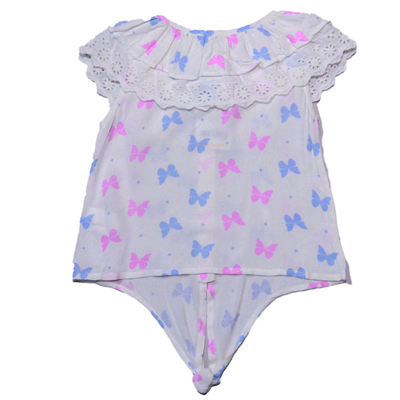 Blue Short Slv Butterfly Aop Lace Collar With Knot