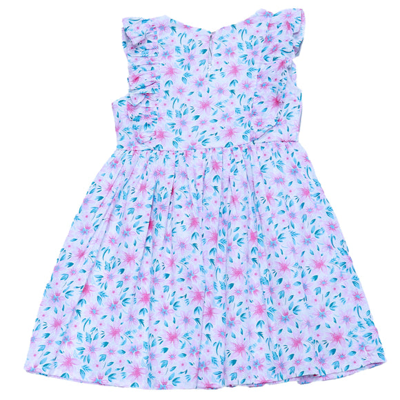 White Floral Aop Satin Frill Dress