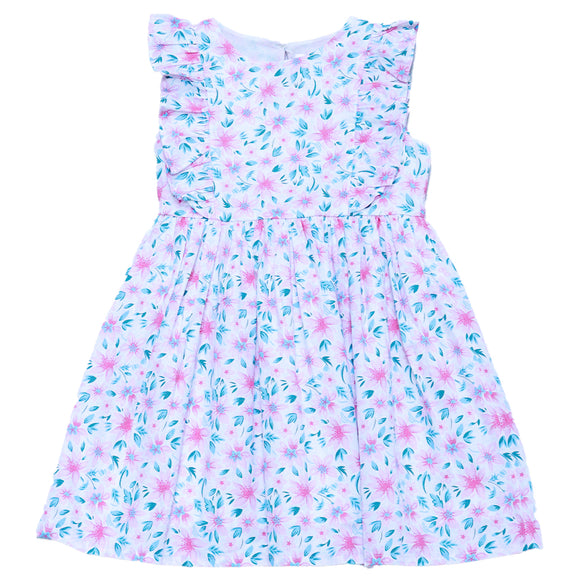 White Floral Aop Satin Frill Dress