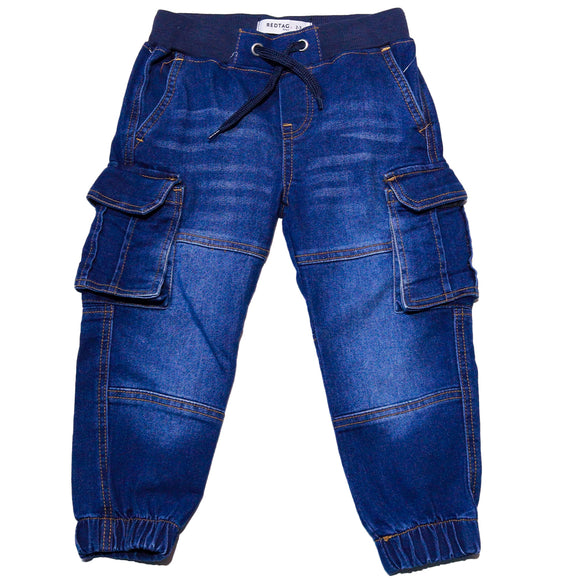 Dark Wash Rib Waistband Cargo Pocket Jogger