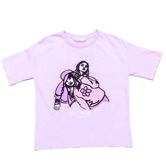 Purple Girly Print Oversize With Rhinestone T Shirts Purple