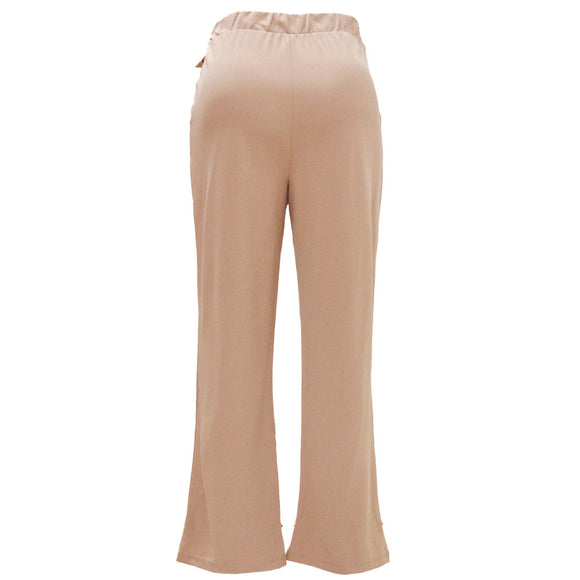 Beige Wide Leg Trousers With Self Belt Detail