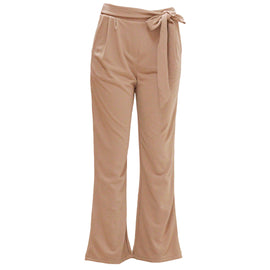 Beige Wide Leg Trousers With Self Belt Detail