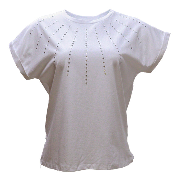 White Rolled Sleeves With Embellishement T Shirt