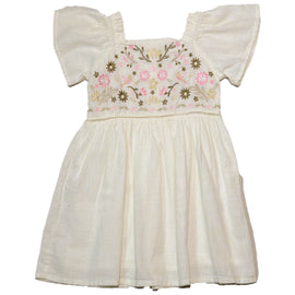 White Embroidered Yoke Flutter Sleeve Dress
