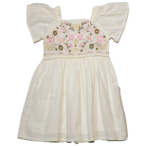 White Embroidered Yoke Flutter Sleeve Dress