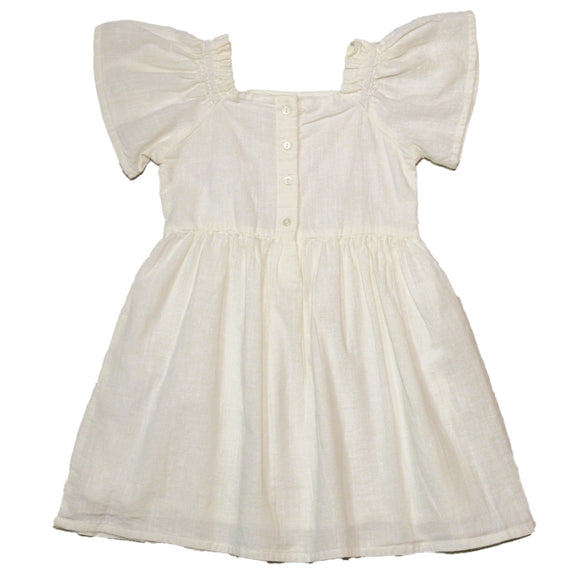 White Embroidered Yoke Flutter Sleeve Dress