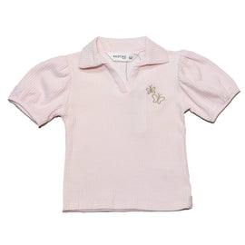 Rib Collar Puff Sleeve Top Pale Pink