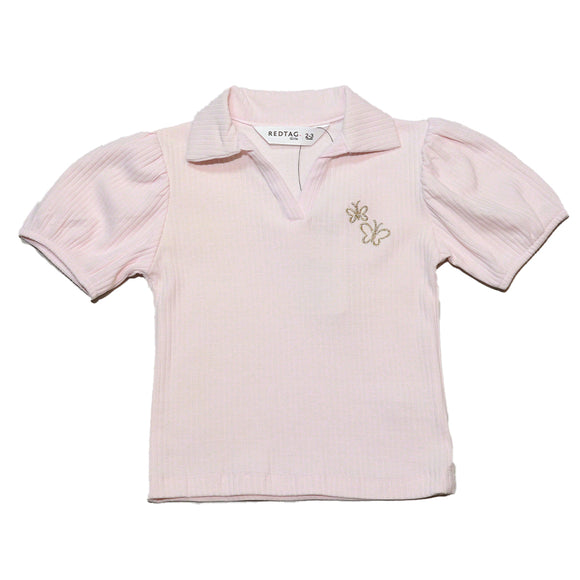 Rib Collar Puff Sleeve Top Pale Pink