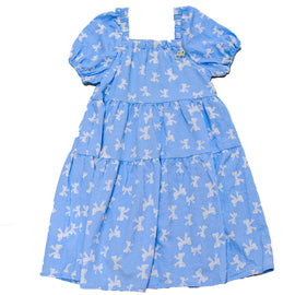 Blue White Bow Jacquard Tiered Dress