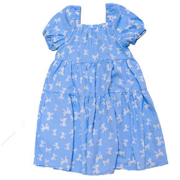 Blue White Bow Jacquard Tiered Dress