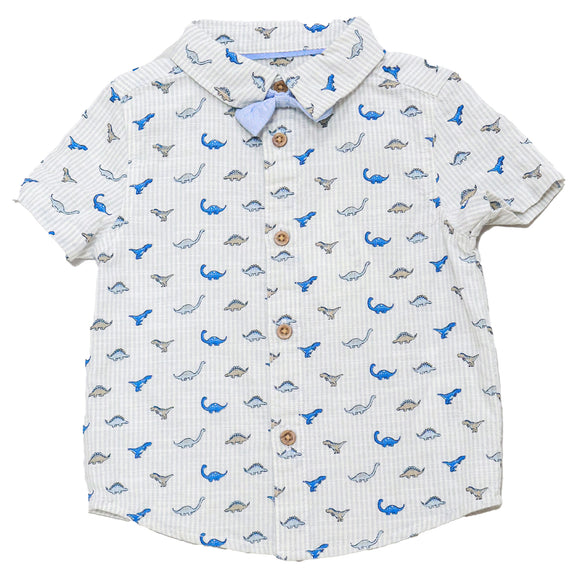 White Bow Tie Aop Dino Stripe Short Sleeve Shirt