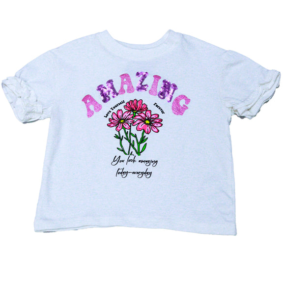 White Frill Sleeve3D Embellishment T Shirt