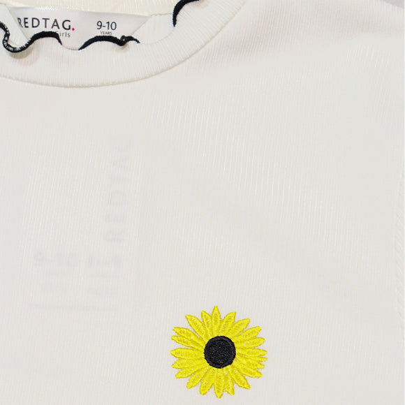 White Embroidered Rib Top With Contrast Color