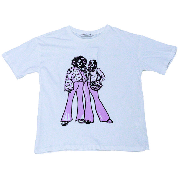 White Girly Print Oversize Tee With Rhinestones