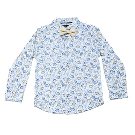 Beige Allover Print Long Sleeve Shirt With Bow Tie