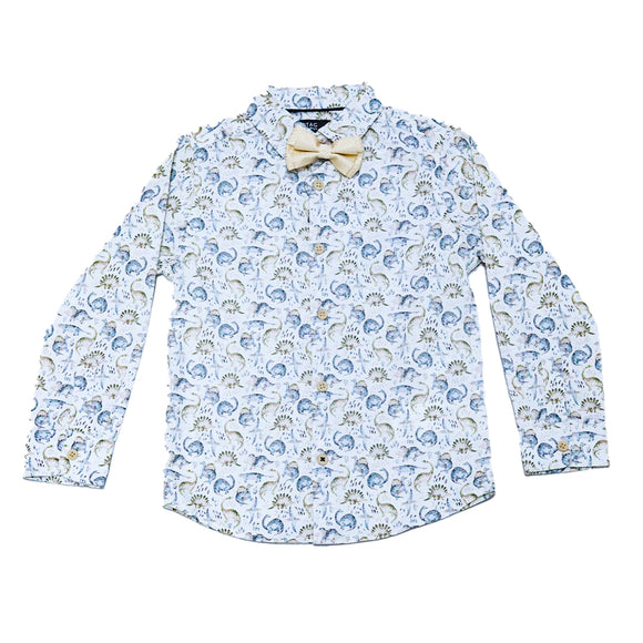 Beige Allover Print Long Sleeve Shirt With Bow Tie