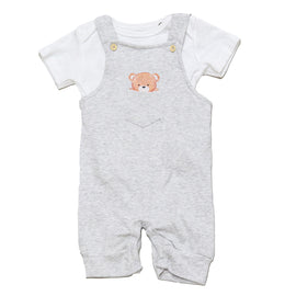 Beige Melange Chest Pocket Bear Print Dungaree Plus Tshirt