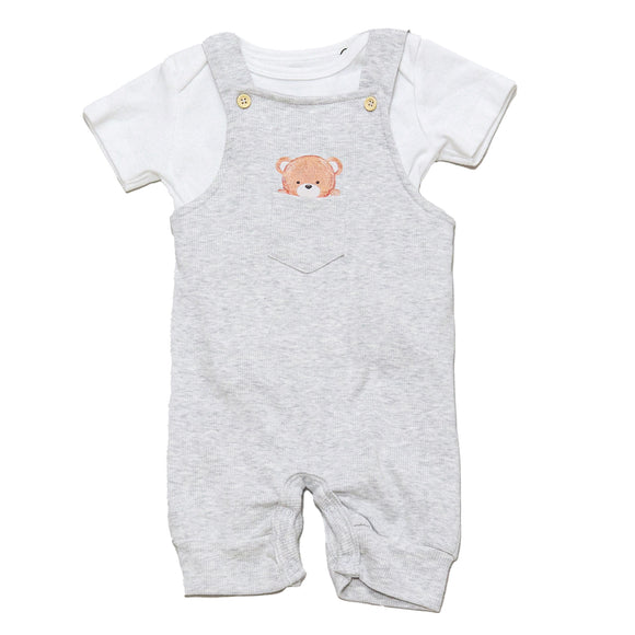 Beige Melange Chest Pocket Bear Print Dungaree Plus Tshirt