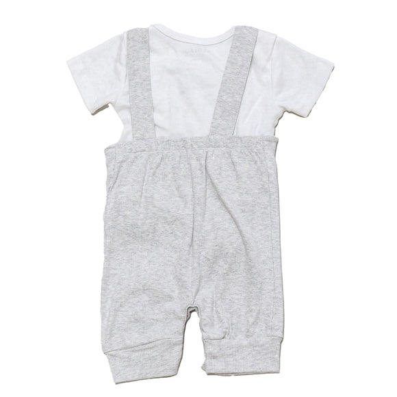 Beige Melange Chest Pocket Bear Print Dungaree Plus Tshirt